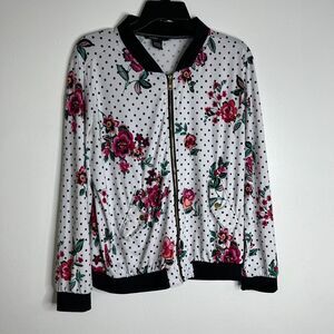 ROBERT LOUIS Floral Print Pink Black Lightweight Silky Bomber Zip Jacket Large